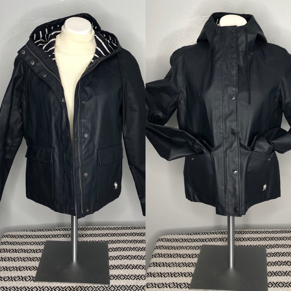 Abercrombie navy faux leather hooded rain coat L